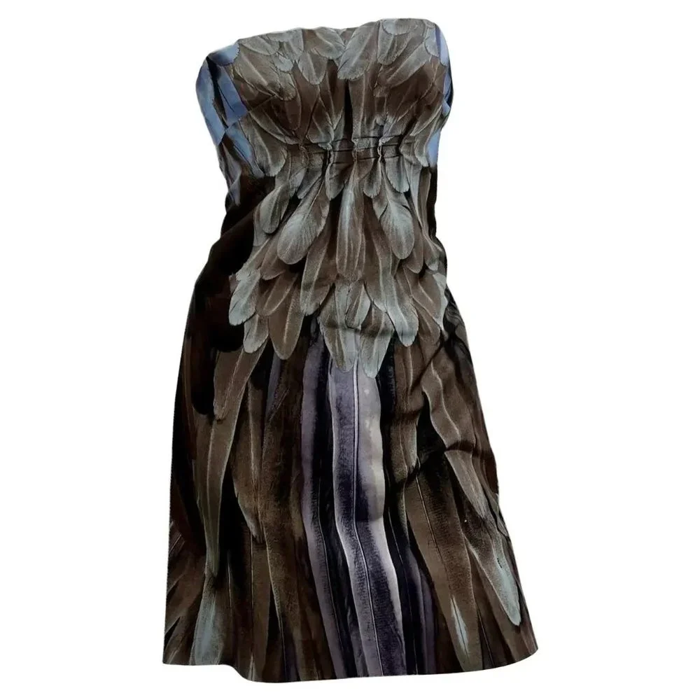 Vintage Runway 2005 Prada Feather Print Silk Taffeta Dress Italian 42 - US 6 - Picture 1 of 9